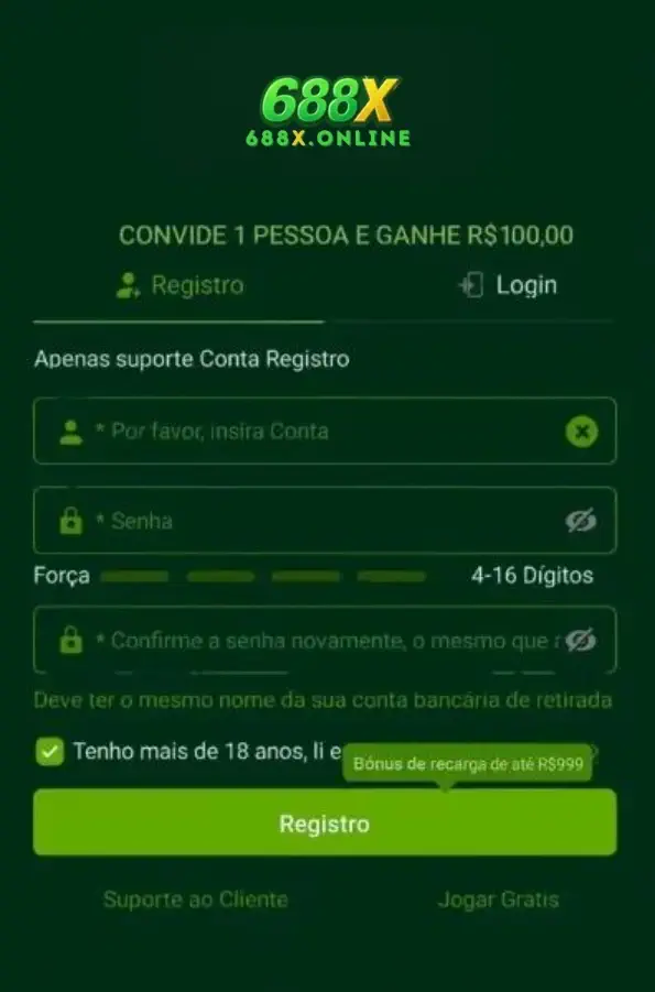 Jogador completando cadastro no 688X cassino